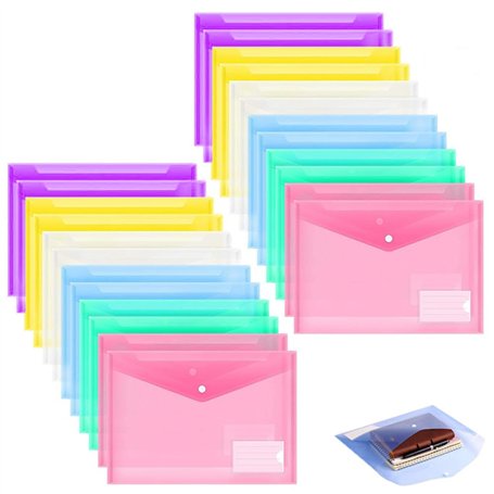 24 Pièces Pochette Plastique A4 Colorée Pochette Documents Transparent Document Dossier Pochettes Chemises avec Bouton-Pression