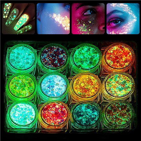 12 Couleurs Paillettes Visage Festival Paillette Maquillage Fluorescent Dans Le Noir Phosphorescent Cheveux Couleurs Lumineuse P