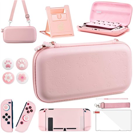 OLDZHU Étui de Transport Rose pour Nintendo Switch - 10 en 1 Accessoires Pack Roses avec Couverture de Protection Dure