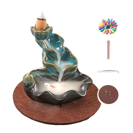Brûleur d'encens à refoulement Cascade Porte-encens en céramique Lotus Waterfall avec 20 cônes d'encens + 30 bâtons d'encens - C