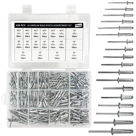 Lot de 428 rivets aveugles en alliage d'aluminium - Rivets pop en aluminium - 18 tailles avec une boîte de rangement