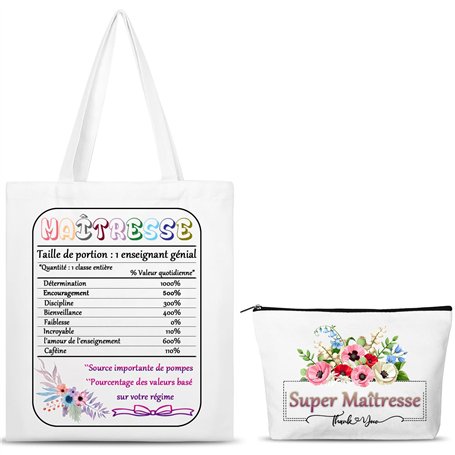 SAKNYUFO Ensemble Cadeau Professeur Sac Shopping & Trousse Super Maîtresse en Coton Lavable Cadeau Original Pour Enseignants - I