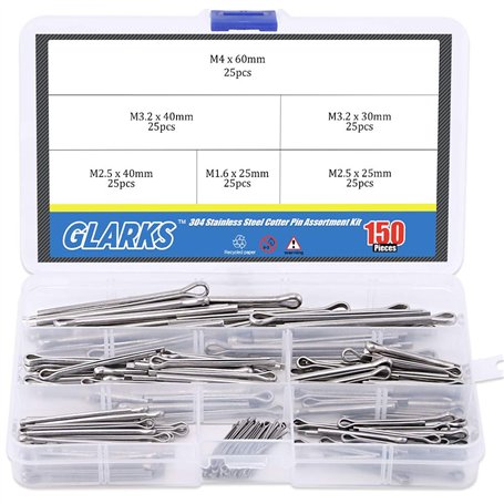 Glarks 150 pcs en acier inoxydable 304 Cotter Pin Clip principales ultraconfortables Fixation Assortiment kit