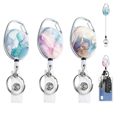 ZALHIN 3 Pieces Porte Badge Enrouleur avec Motif Marbré - Porte Clef Retractable
