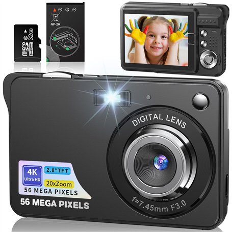 Appareil Photo Numérique 56MP 4K Compact Caméra Zoom Numérique 20X Digital Camera avec Carte de 32 Go pour Étudiant Adulte Début