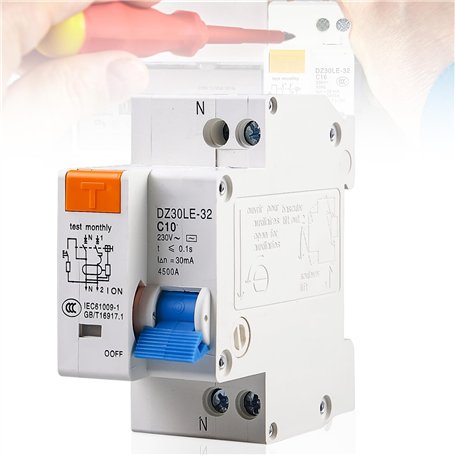 Fi Disjoncteur 1P+N - Montage sur rail DIN - Protection contre les surcharges - Disjoncteur différentiel AC 230 V 30 mA - Avec p