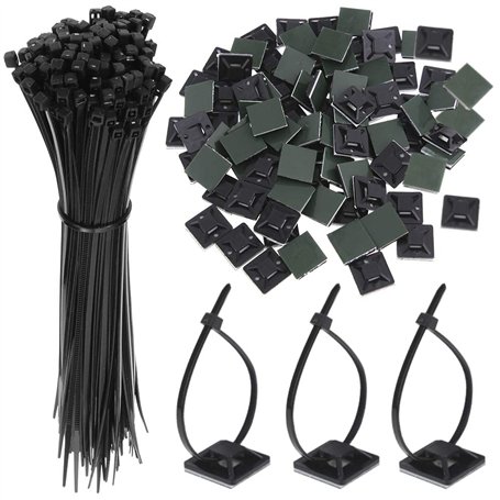 Faburo 100PCS Zip Tie Adhésifs Noir Collier de Serrage Supports Auto-Adhésifs 150mm x 2.5mm