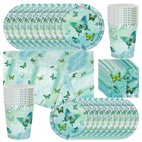 Vaisselle de fête d'anniversaire pour fille Motif fleurs et papillons Vert printanier 61 pièces comprend assiettes en carton
