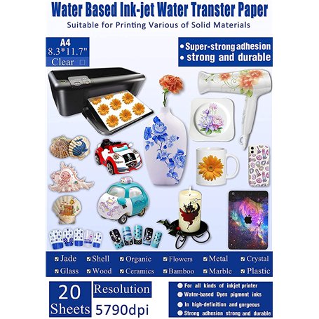 Lot de 20 feuilles de papier pour transfert à eau Imprimante jet d'encre Transparent Qualité supérieure - Format A4