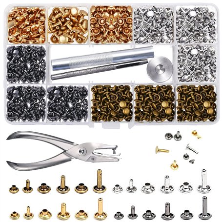 McNory Rivets en Cuir 480 Ensemble 3 Tailles Double Rivet Goujons Tubulaires en Métal avec 3 Pièces Outil de Fixation et Punch P