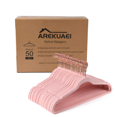 AREKUAEI Lot de 50 cintres en velours rose pâle de qualité supérieure - Antidérapants - Crochets en cuivre/or rose - Cintres peu