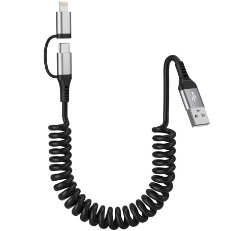 2 en 1 Cable Spirale Voiture pour Apple CarPlay et Android Auto [MFi & 3A Charge Rapide]