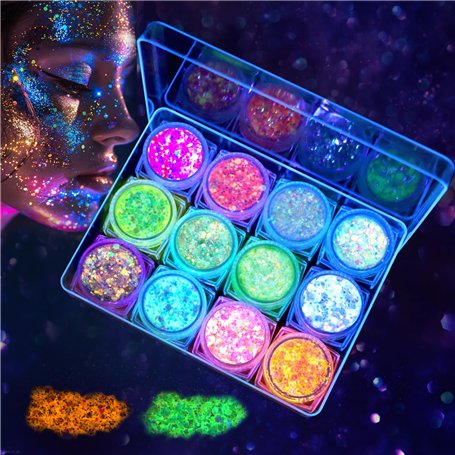 AWAMRWA Paillettes Visage - 12 Couleurs De Paillettes Gel Lumineuse Paillettes Gel Visage Maquillage Festival Fluorescent Paille