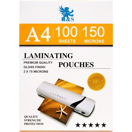 H&S Feuilles Plastifieuse A4 - Lot 100x Feuille Plastique Transparente - Laminage Brillant Qualité Artistique 150 Microns (2x75