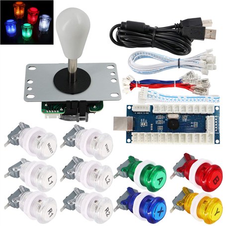 SJ@JX Arcade Game Stick DIY Kit Buttons with Logo LED 8 Way Joystick USB Encoder Cable Controller for PC MAME Raspberry Pi Color