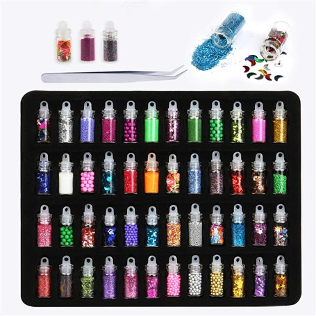 PHOGARY 48 bouteilles Décoration Nail Art Fournitures Slime Accessoires Briller Poudre Perles de paillettes pour bricolage Nail