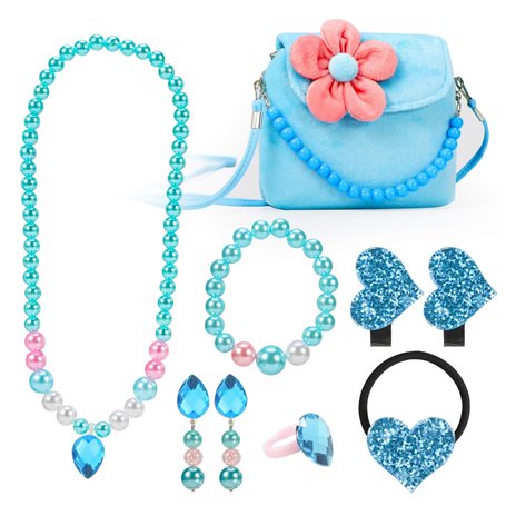 Hifot Bijoux Enfants Petites Filles Sac à Main en Peluche Collier Bracelet Boucles d'oreilles Bague Pinces à Cheveux Set