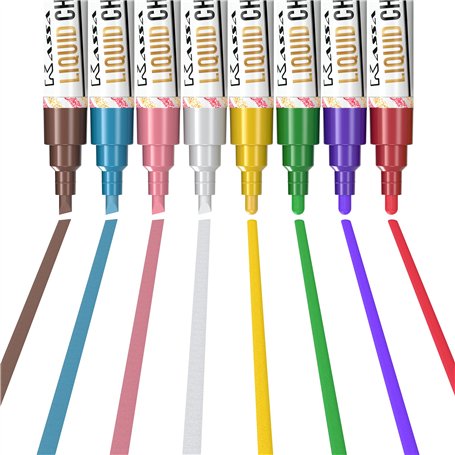 Kassa Lot de 8 marqueurs à craie liquide - Couleurs métalliques - Effaçables - Pour tableau noir et miroir - Double pointe réver