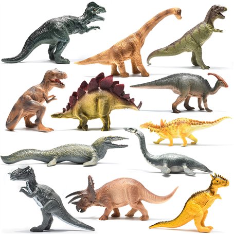 Prextex Assortiment de 12 Grands Dinosaures Figurines Réalistes - Dinosaure Jouet 25 cm en Plastique T-Rex et Autres Familles de