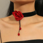 Resweky Vintage Velvet Choker Collier Fleur Rouge Collier Colliers Court Party Colliers Accessoires Bijoux Réglable pour les Fem