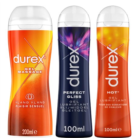 DUREX Lot de 3 Gels Lubrifiants Intimes - Gel De Massage 2 en 1 Ylang Ylang 200ml - Perfect Gliss Lubrifiant Anal 100ml - Hot Ge