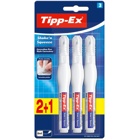 Tipp-Ex - Shake N' Squeeze - Stylo Correcteur - Offre Spéciale 2+1 Gratuit (8 ml)