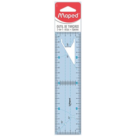 Maped - Outil de traçage 2 en 1 - Règle 20cm et Equerre 45° et 60° - Règle + Equerre Incassable - Facilite les Perpendiculaires