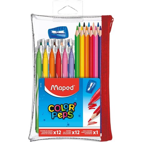 Maped - Trousse Garnie Transparente Color'Peps - 12 Crayons de couleur + 12 Feutres Lavables et Résistants au séchage + 1 Taille