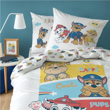 Pat Patrouille Happy Parure de lit Enfant 1 Place | 100% Coton | Oeko-TEX | Housse de Couette 140x200 cm + Taie d'oreiller 63x63