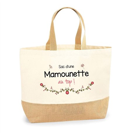 Sac Mamounette au top | Cabas de Plage Courses Coton et Toile de Jute Idée Cadeau Femme