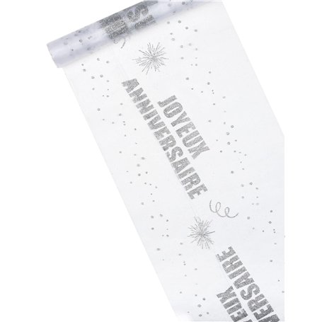 Chemin de table organza Joyeux Anniversaire argent 29 cm x 5 m