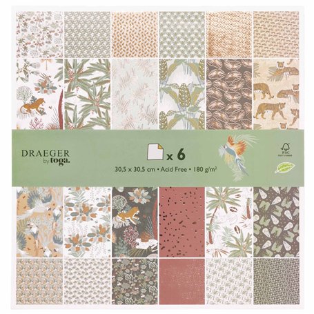 Toga by DRAEGER PARIS - Papier scrapbooking Safari - Lot de 6 feuilles de papier imprimé recto/verso - 12 Designs différents - F