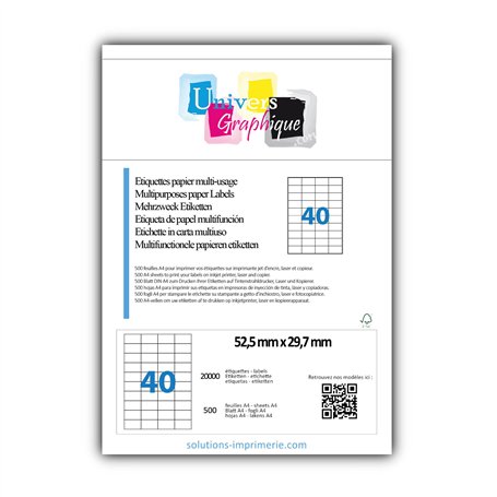 20000 Étiquettes autocollantes 52.5 x 29.7 mm - 500 Feuilles A4 de 40 étiquettes multi-usage compatibles jet d’encre