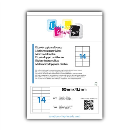 1400 étiquettes autocollantes 105 x 42 mm - 100 feuilles A4 avec 14 étiquettes adresse 105 x 42.3 mm - Pour étiquetage domestiqu