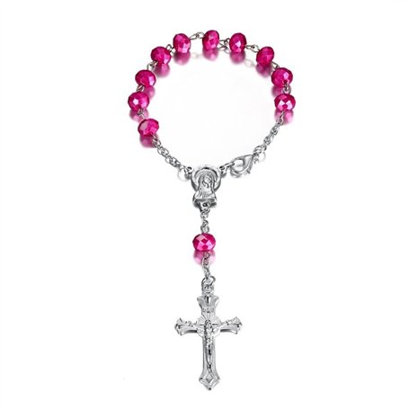 BOBIJOO Jewelry - Mini Chapelet Voiture Camion Bracelet Marie Vierge Croix Pendentif Argent et Fushia