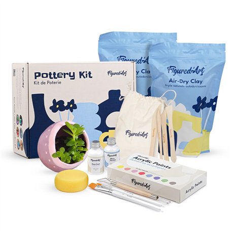 Figured'Art Kit de Poterie Adulte avec Argile Premium Autodurcissante 2kg Sans Cuisson pour Débutants