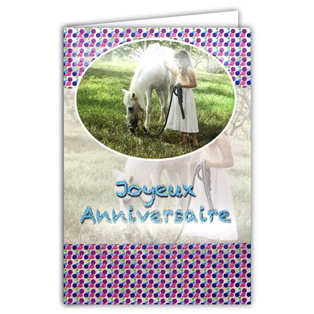 Carte Joyeux Anniversaire Paillettes pour Fille Cheval Blanc Poney Animal Pois Colorés Promenade Balade équitation Enveloppe Bla