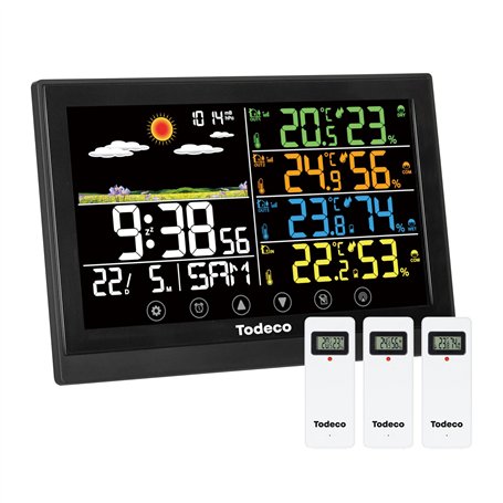 Todeco Station météo sans fil avec 3 capteurs extérieurs - Thermomètre numérique LCD - RCC - Humidité Baromètre Réveil Prévision