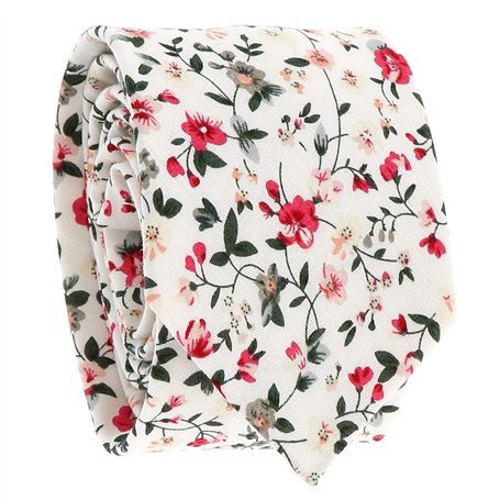 Cravate Liberty Blanche et Rose - Cravate Fleurie Champêtre - Motif à Fleurs Idéal Mariage Thème Nature ou Bohème