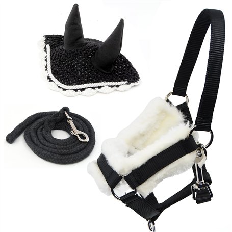Hobby Horse Ensemble d'accessoires Licol moumoute Noir avec Longe et Bonnet Anti-Insectes Noir ET Blanc pour activité de Hobby H
