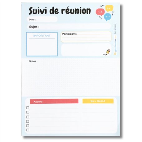 Bloc-notes suivi de réunion. Prise de notes visio et présentiel pour équipe. Format A5 avec 50 pages détachables. Outil Professi