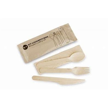 Kit Couverts Bois 4 en 1 Jetables | Lot de 100 Sachets Kraft Individuels | Fourchette