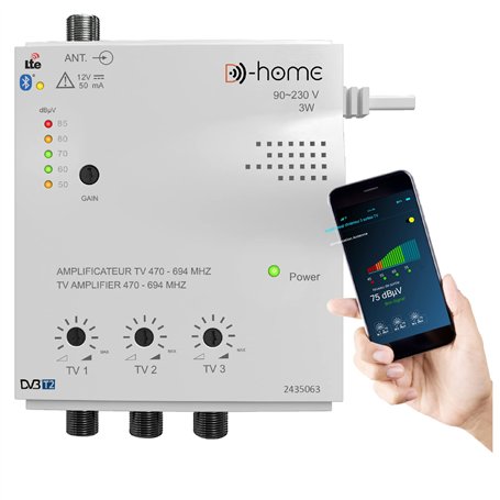 D-Home - Amplificateur TV TNT Intérieur 3 Sorties 28dB Connecté Filtré 4G-5G - Fonctionne avec App Mobile TV Finder pour Trouver