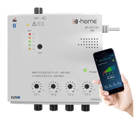 D-Home - Amplificateur TV TNT Intérieur 4 Sorties 26dB Connecté Filtré 4G-5G - Fonctionne avec App Mobile TV Finder pour Trouver