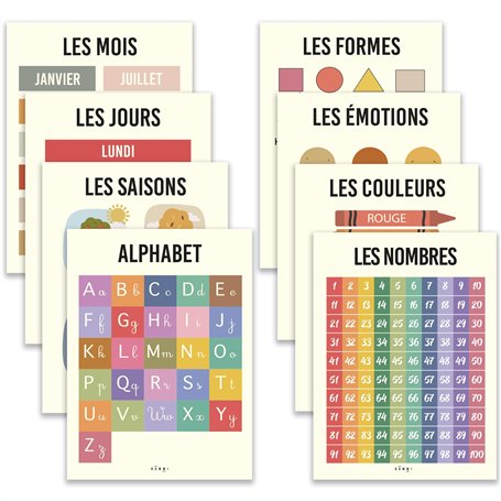 BAMMI 8 Posters Pédagogiques 30x42cm : Affiches Éducatives pour Enfants - Nombres Alphabet Couleurs Jours Mois Saisons Émotions