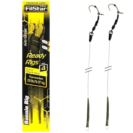 PRO FILSTAR Ronnie Rig N4 Hameçon de pêche à la carpe en fluorocarbone 20 cm 9 kg Аnti gewangle Sleeve – Curve Shank Hook – Appâ