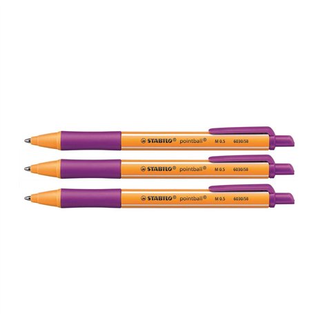 STABILO Lot de 3 Stylos à bille rétractable Pointball pointe moyenne lilas