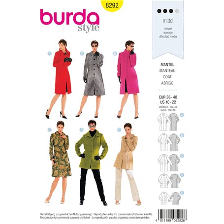 Burda B8292 Patron de Couture Manteau 19 x 13 cm