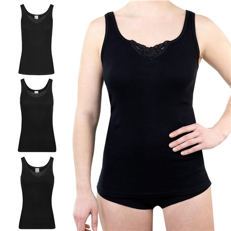 SES Top avec Dentelle Femme 36-52 en Lot de 3 Noir 100% Coton/Débardeur avec Dentelle pour Femme en Maille Fine et Douce/Caraco