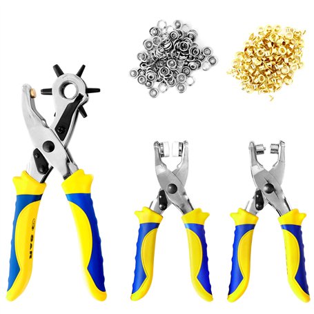 S&R Set Pince perforatrice Cuir + Pince à oeillets (4mm x 100 pcs) + Pince à boutons pression (9mm x 25pcs). Poinçonneuse avec 6